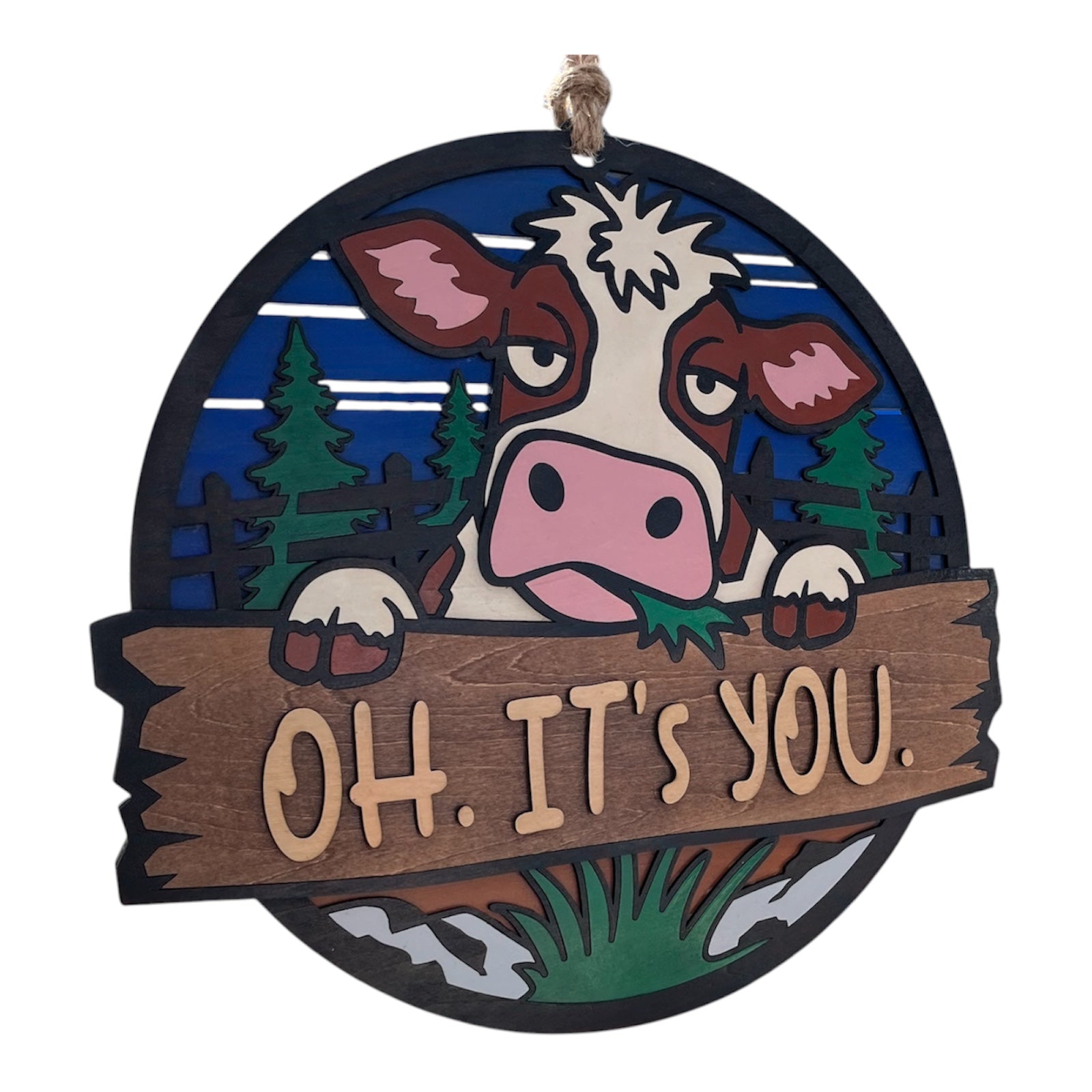 Cow door hanger with "Oh. It’s you." phrase, featuring a charming cow design, from Sherrie’s Ky Creations.