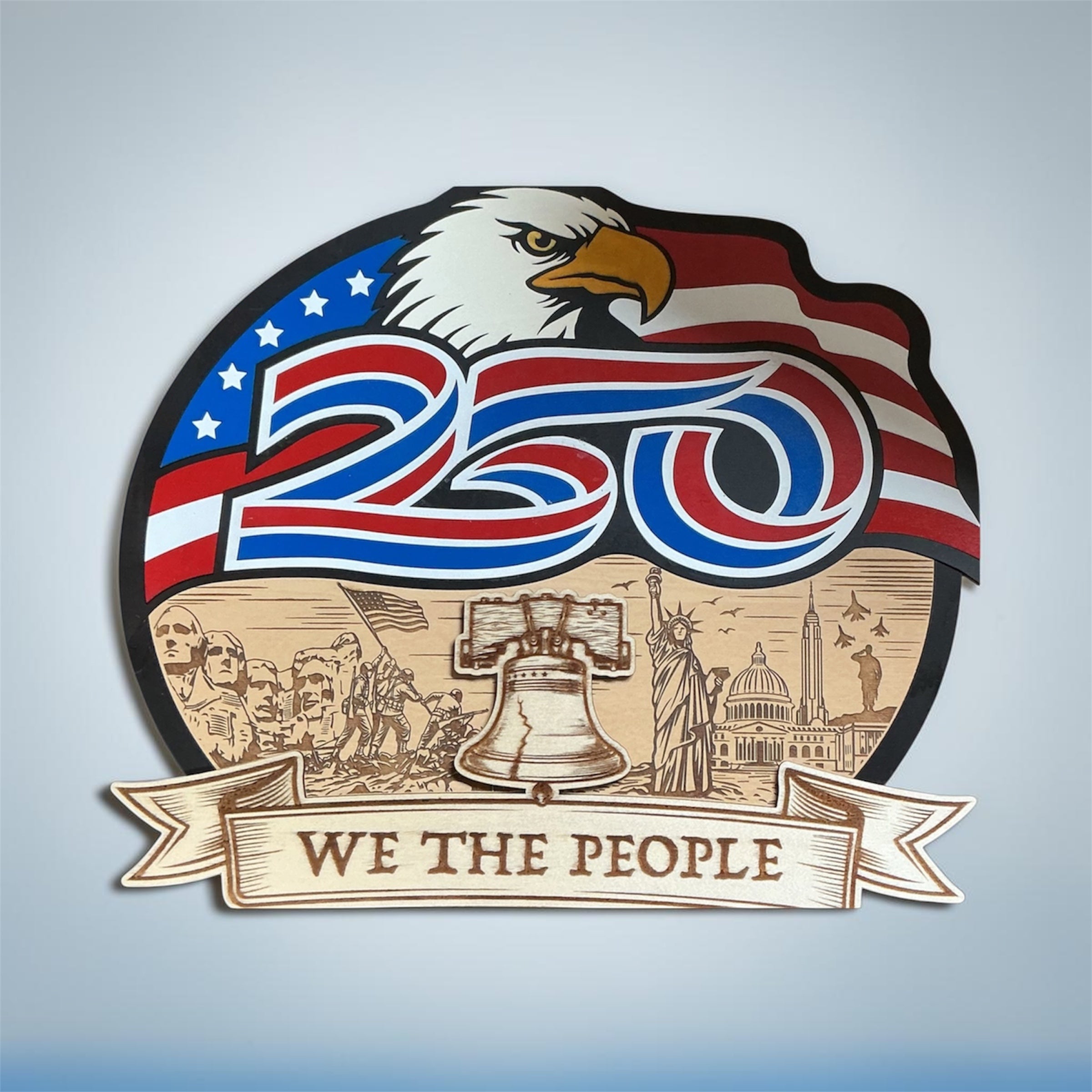 USA’s 250th Birthday celebration cake topper by Sherrie’s Ky Creations, featuring patriotic red, white, and blue design.